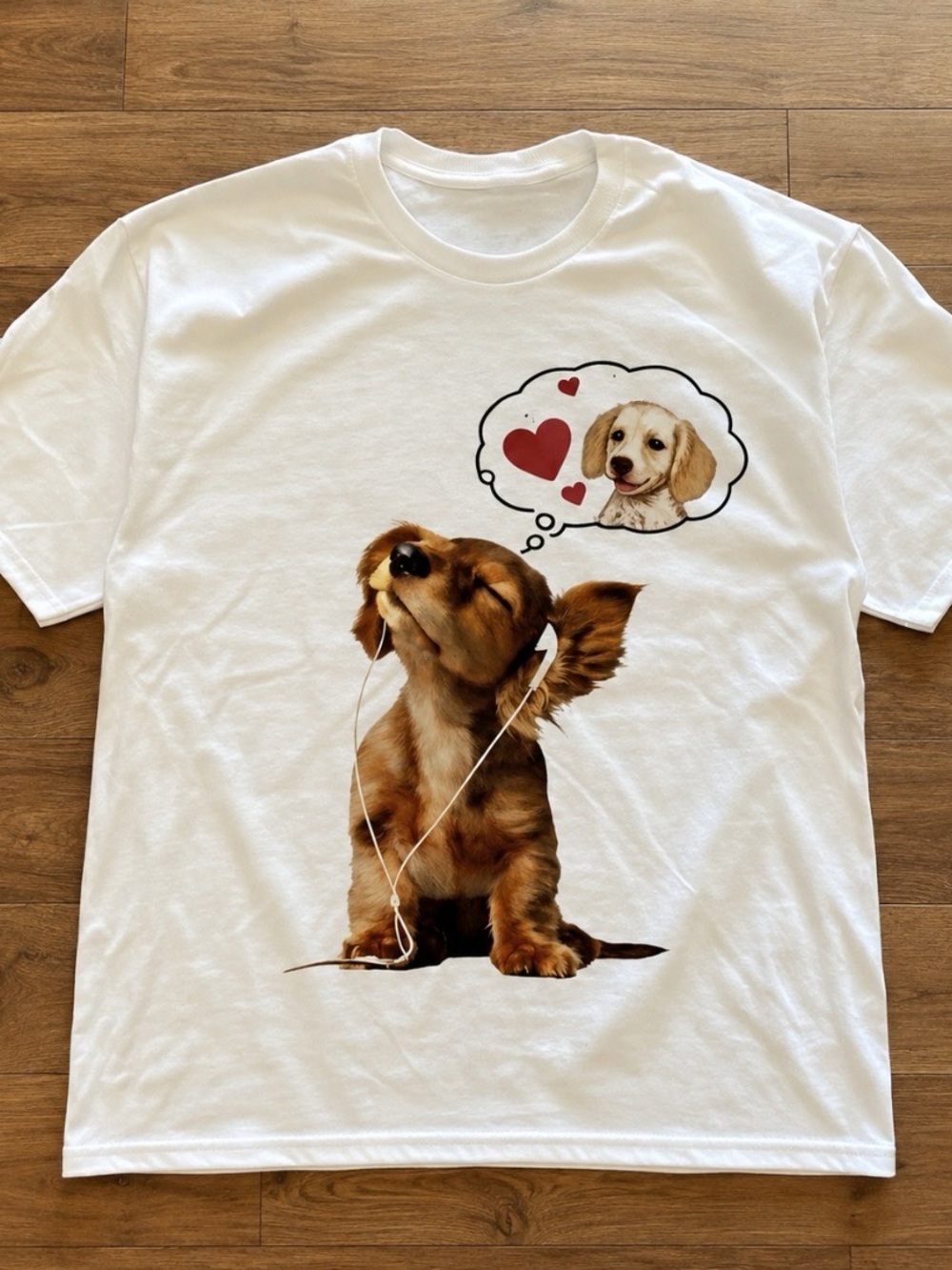 Gildan White Tee with Brown Puppy Listening Graphic